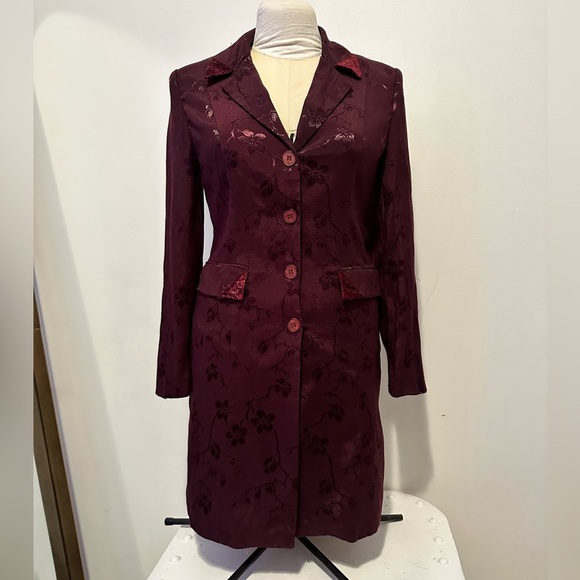 Gorgeous Dark Academia Plum Floral Jacquard Satin Boho Steampunk Coat Jacket S M - Picture 11 of 14
